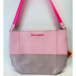 Juicy Couture Pink Leather Tote Bag New Open Top Snap Closure Colorblock